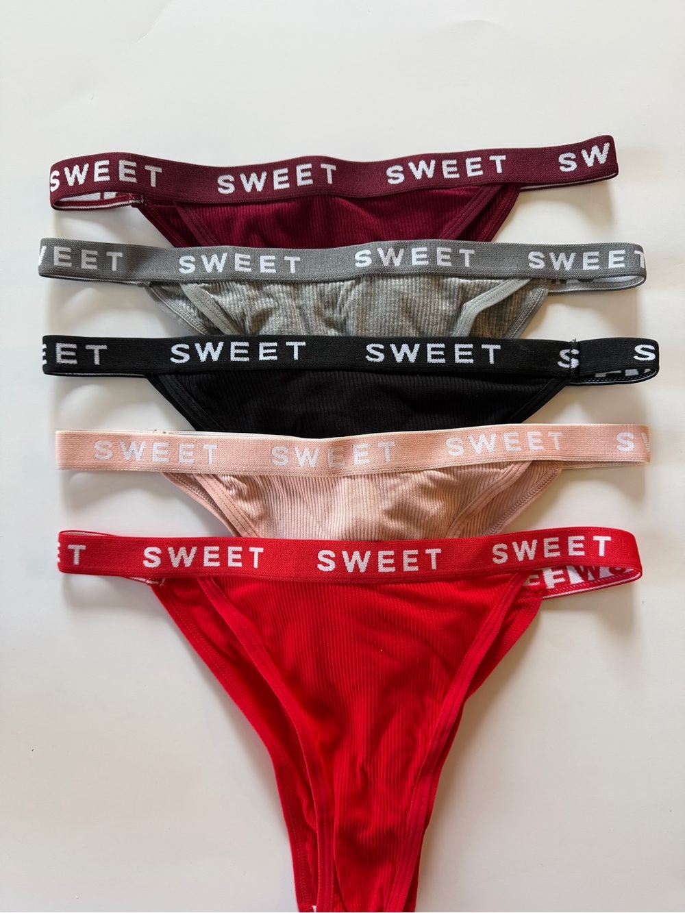 5 Pack Ribbed Thong Panties Sweet Waistband Size M New. Never worn.
